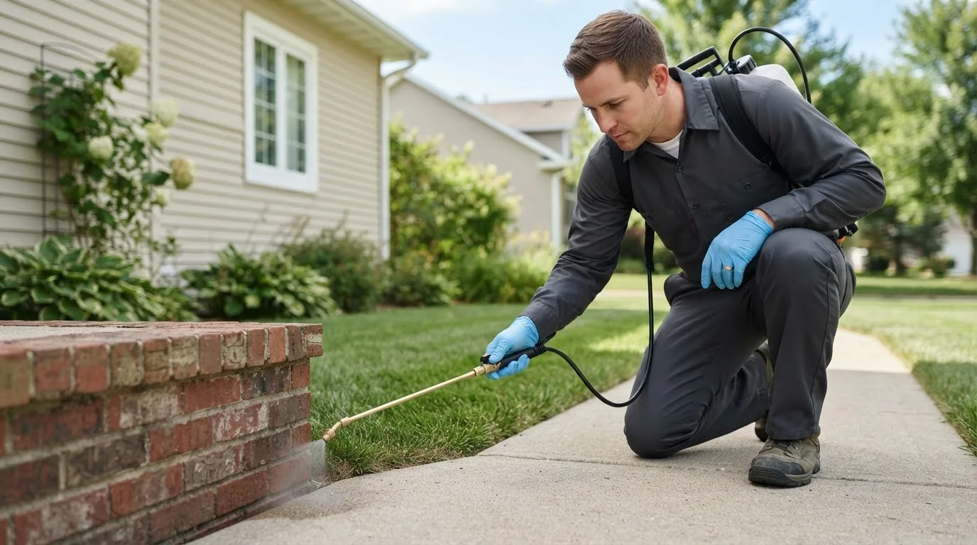 Pest control technician treating a home near Bloomburg, TX