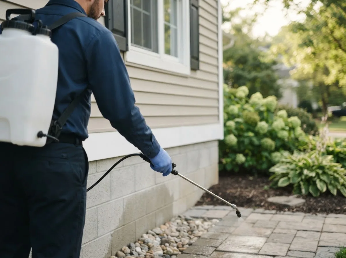 Pest control technician inspecting a home in Bloomburg, TX